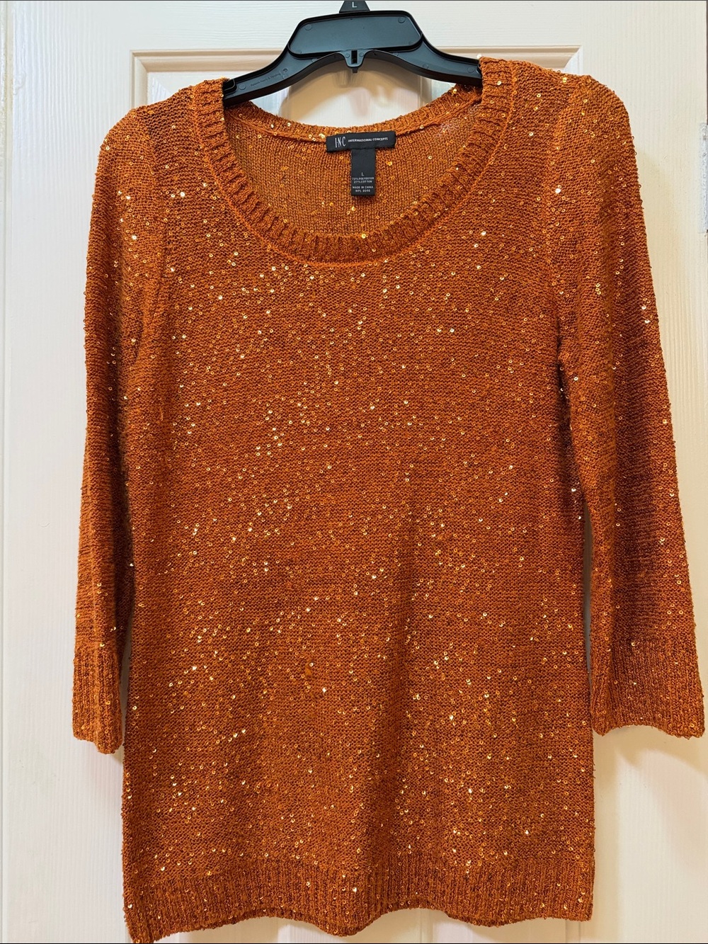INC International Concepts Copper Sequin Long Sleeve Knit Dress